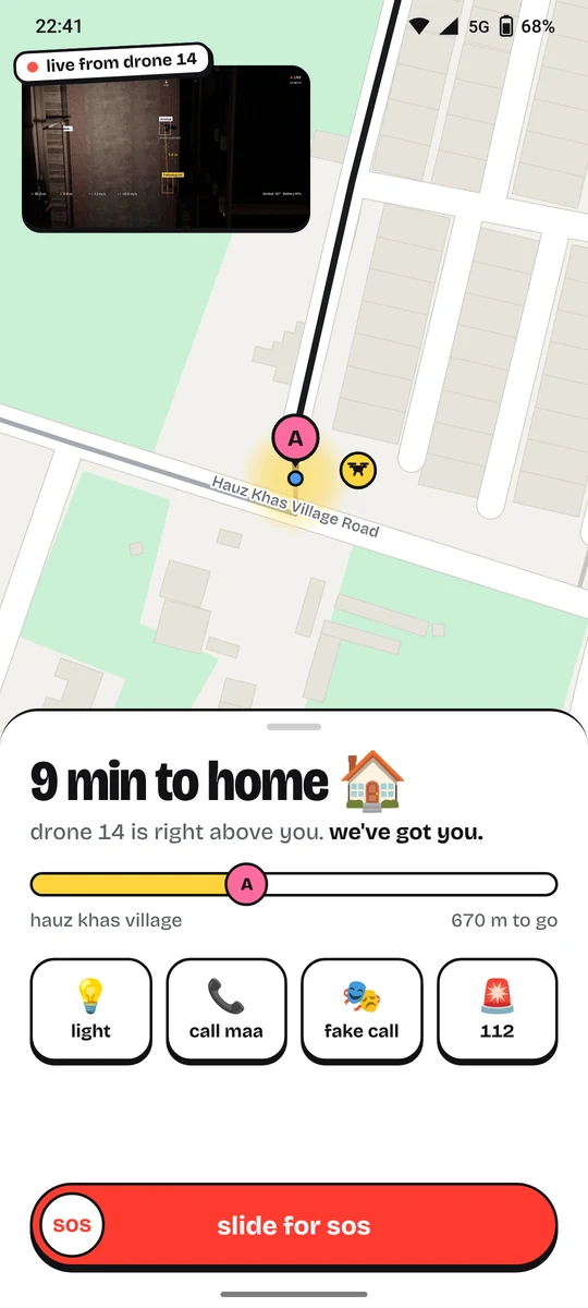 Escort screen: nine minutes to home, drone 14 right above you