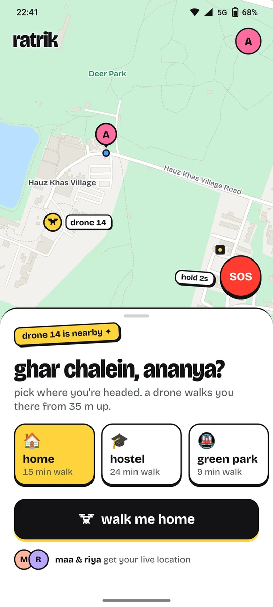 Ratrik app home screen with a map and a walk me home button