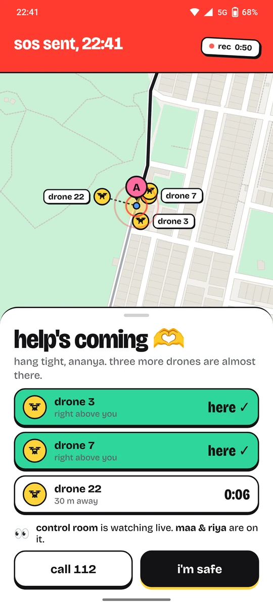 SOS screen: help's coming, three more drones almost there